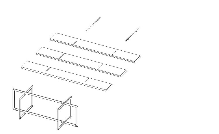 Le schéma éclaté montre les atouts de la table par sa construction particulière : deux croix pour la structure et surface de dépose sur trois plateaux