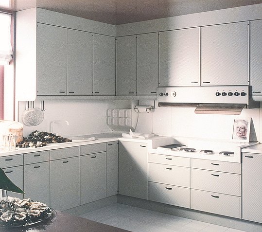 Расположившаяся вдоль стены минималистичная кухня в белом цвете со встроенными приборами 